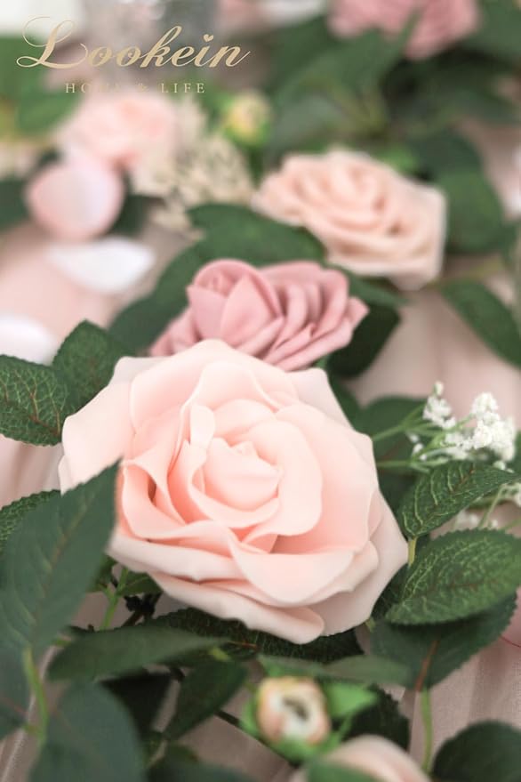 Lookein Artificial Rose Flower Garland Greenery Garland 5FT for Wedding Ceremony Backdrop Arch Flowers Table Centerpieces Decorations, Romantic Blush