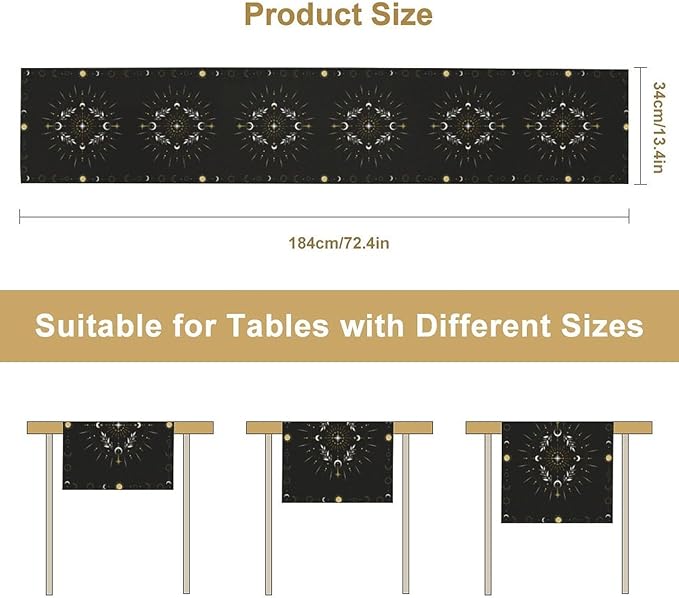 Sun Moon Table Runner, Magical Leaves Mysterious Western Traditional Elements Black White Table Runner for Party Living Room Home Kitchen Dinner 13x90 Inch