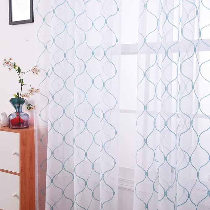 Embroidery Sheer Curtains Blue 63 Inches, Rod Pocket Voile Drapes for Living room, Bedroom, Window Treatments Wave Diamond Semi Crinkle Curtain Panels for Yard, Patio, Villa, Set of 2, 52"x 63".