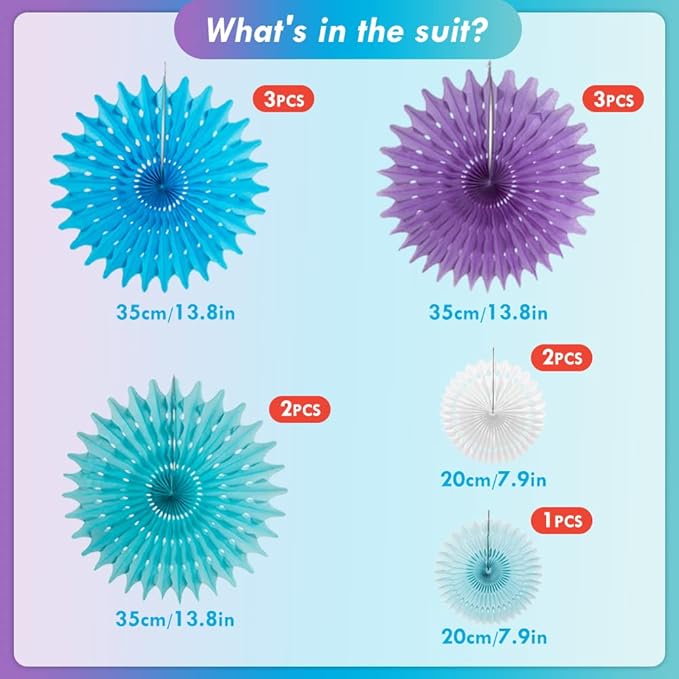 SUNBEAUTY Pack of 11 Purple Lavender Blue Hanging Honeycomb Paper Fans Decoration Mermaid Theme Tissue Paper Fan Garland for Baby Shower Girl Kid Birthday Under The Sea Wedding Party Supplies