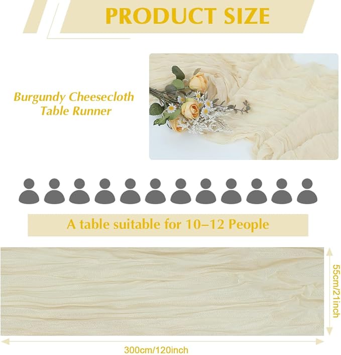 10 Pack Beige Cheesecloth Table Runner -21*120Inch Long Boho Wedding Table Decor, Rustic Gauze Fabric Runner for Bridal Showers, Baby Showers & Parties (Sheer, Lightweight, Wrinkled Design)