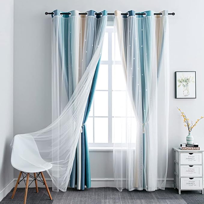 FANLI Ombre Rainbow Blackout Curtains for Kid Girls Bedroom Living Room Darking Stripe Double Layer Star Cut Out Wall Home Decor Gradient Grommet Window Curtains (Blue/Yellow, 52W x 63L)