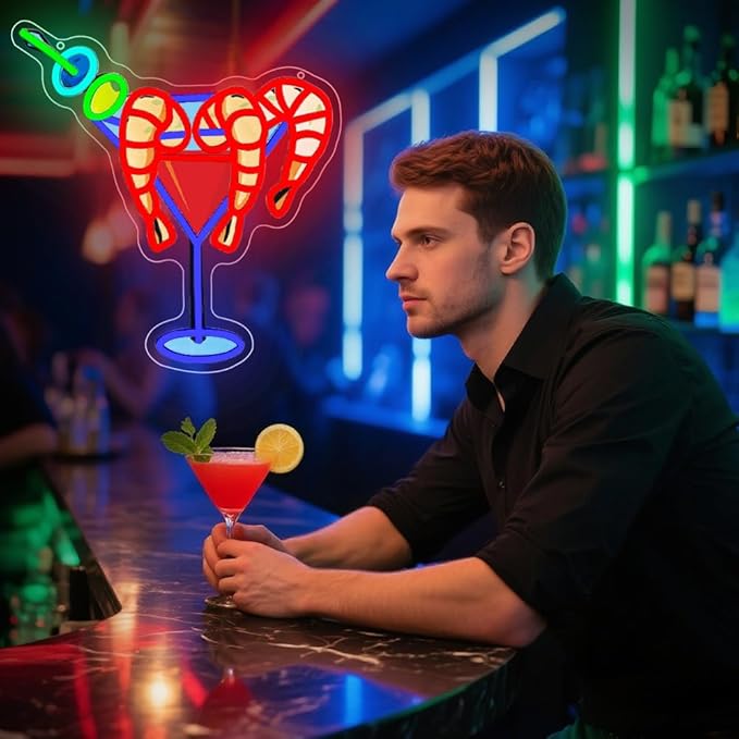 Cocktails Drinks Neon Signs for Wall Decor,Shrimp LED Neon Sign for Cocktails Bar Art Wall Lights,Adjustable Brightness Drinks Neon Sign for Beer Bar Decor,Restaurant,Pub Party,Night Club,Business