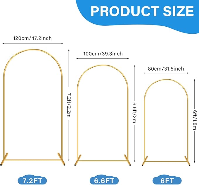 Heavy Duty Metal Arch Backdrop Stand, 7.2FT, 6FT Set of 2 Stable Gold Arch Stand with Ground Stakes and Water Bags, Balloon Arch Stand for Wedding Party Baby Shower Photo Flower Arch Decration