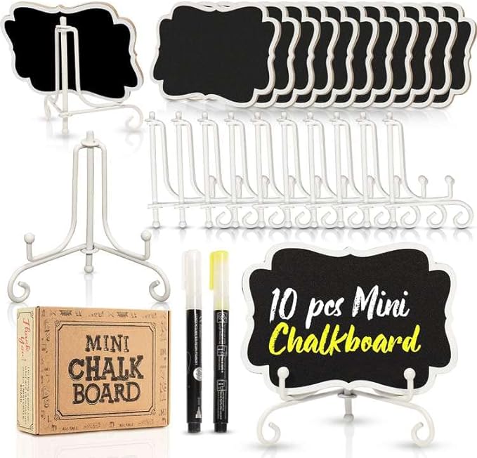 Mini Chalkboard Signs for Food Labels for Party Buffet, Small Place Cards or Name Tags with Iron Stand for Chafing Dish, Mimosa Bar Supplies, Wedding Chalk Board Sign with 2 Pens, 10 Pack White