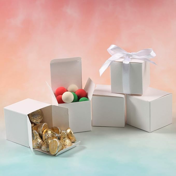 COTOPHER 60pcs Wedding Favor Boxes, Paper Gift Boxes 3x3x3 Inches Small Gift Boxes with Ribbons Small Boxes for Gifts, Crafting, Cupcake, Candy, Bridesmaid Proposal Boxes，Easy Assemble Boxes (White)