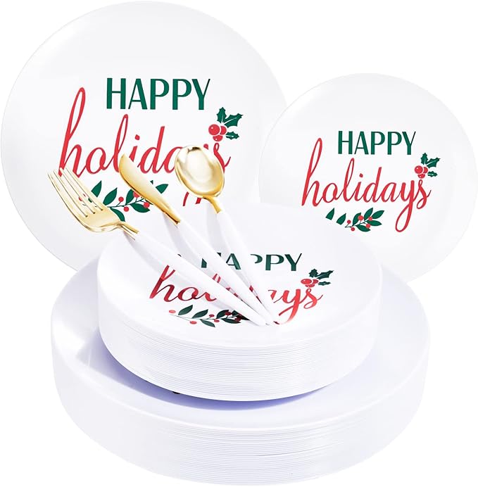 Supernal 150pcs Easter Plastic Dinnerware with Plastic Plates,White and Gold Silverware, Easter Disposable Party Plates with "Happy Holiday" Design for Festival Gatherings