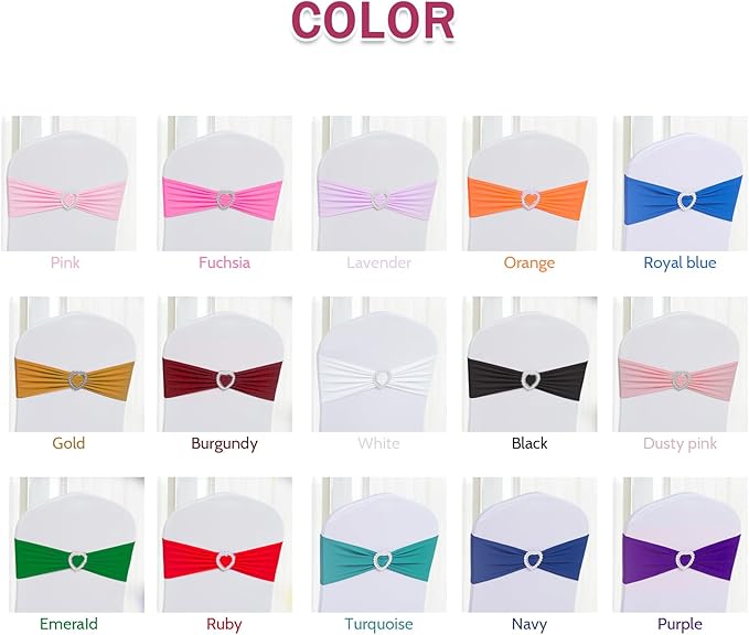 Howhic Pack of 60 Spandex Chair Sashes Bows Stretch Chair Cover Band with Buckle Slider Universal Elastic Chair Ties for Wedding Banquet Party Event Decoration (White)