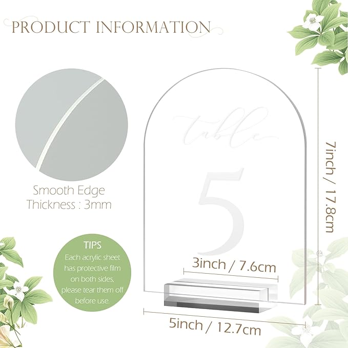 JINMURY Frosted Arch Table Numbers for Wedding, 5x7 Inch Acrylic Table Numbers 1-30 with Stands, Frosted Acrylic Arch Tabletop Sign with Holder for Centerpiece, Reception, Wedding, Party, Event