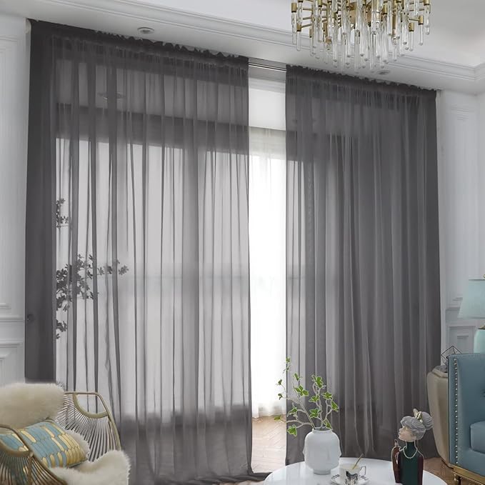 Window Dark Gray Sheer Curtains 95 Inches Long 2 Panels Sheer Curtain Basic Rod Pocket Panel for Bedroom Children Living Room Yard Kitchen (Dark Gray, 52" W x 95" L | 2 pcs)