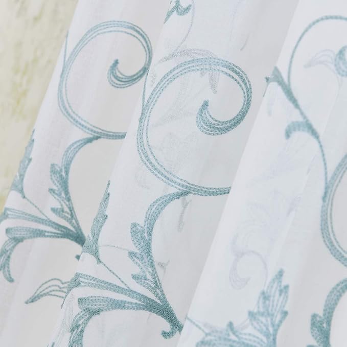 Embroidered Sheer Curtains Blue 95 Inches Vintage Floral, Window Treatments Rod Pocket Drapes for Living room, Bedroom, Semi Crinkle Voile Curtain Panels for Yard, Villa, Parlor, Set of 2, 52"x95".