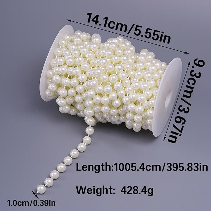 11 Yards/33Feet Pearl Garland Craft String Pearls, Faux Pearl for Wedding Party Decoration, Christmas Tree Decorations and DIY Crafts (Ivory, 10 mm 33 Feet)