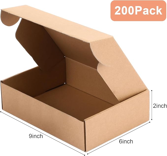 Qilery 200 Pcs Shipping Boxes Cardboard Gift Corrugated Cardboard Brown Boxes Mailer Packaging for Mailing Small Business Present (9 x 6 x 2 Inch)