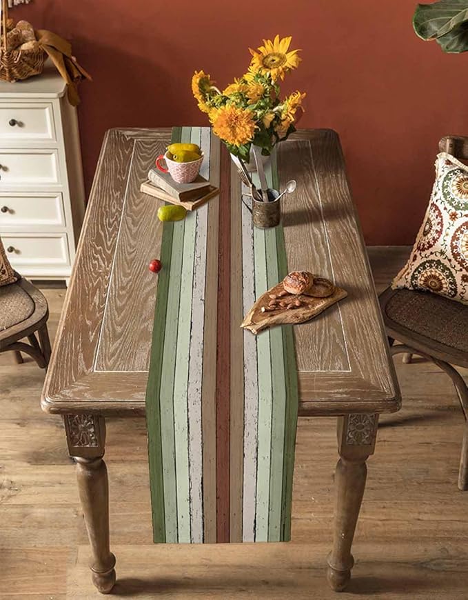 Sage Green Wooden Cotton Linen Table Runner for Dining Kitchen, Wedding Outdoor Party Tablerunners Decoration, Vintage Country Retro Distressed Grain Dresser Scarf Coffee Tablecloth Runners 13''x48''