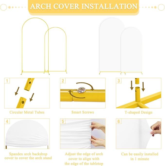 Metal Arch Backdrop Stand Set of 2 with Cover 6FT 7.2FT White Spandex Arch Backdrop Covers for Gold Wedding Arch Stand Arch Stand Covers for Birthday Party Baby Shower Birdal Shower Decorations