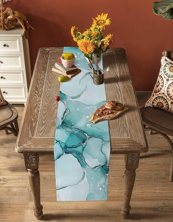 Turquoise Marble Cotton Linen Table Runner for Dining Kitchen, Wedding Outdoor Party Tablerunners Decoration, Nature Marble Crack Country Retro Dresser Scarf Coffee Tablecloth Runners 13x36 Inches