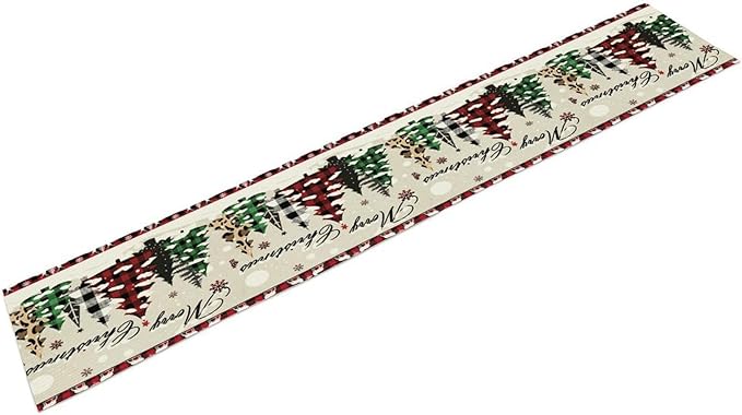 Christmas Tree Table Runner,Farmhouse Xmas Trees Buffalo Plaid Winter Snowflake Tablecloth Burlap for Hotel Indoors Outdoor Dining Room Kitchen Home Decor,W13X L70 in