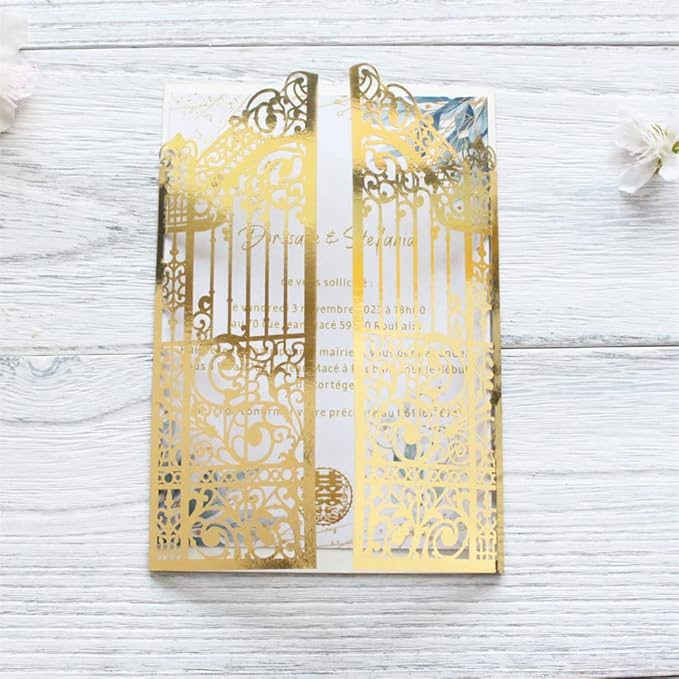 MillaSaw Metallic Gold Gate Invitation for Wedding Marriage Quinceanera Mermaid Anniversary 25 Sets (metallic gold, 4.9"x7.1")