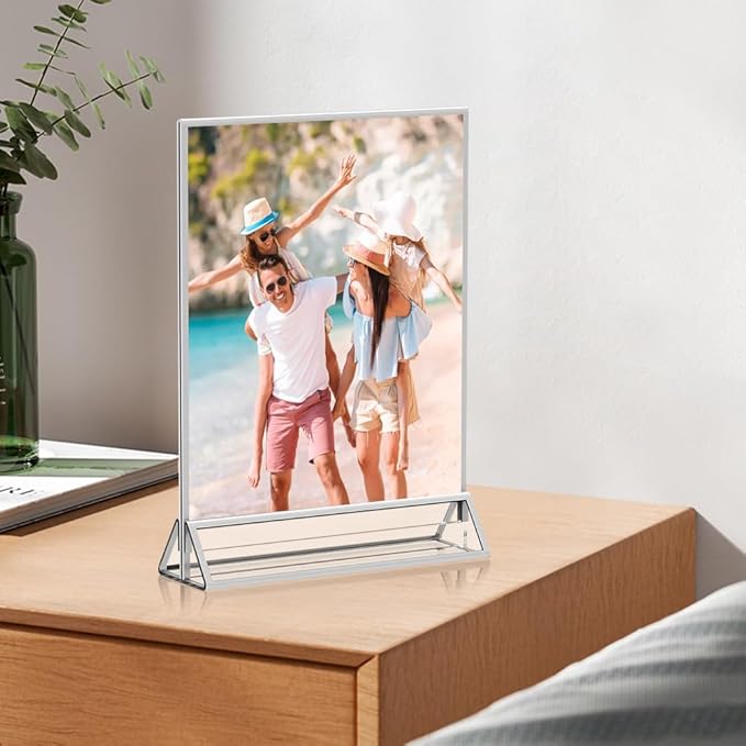 5X7 Acrylic Sign Holder 12 Pack, Double Sided Silver Picture Frames Clear Wedding Table Numbers for Party, Menu, Restaurant, Photo, Office, Hotels, Meetings