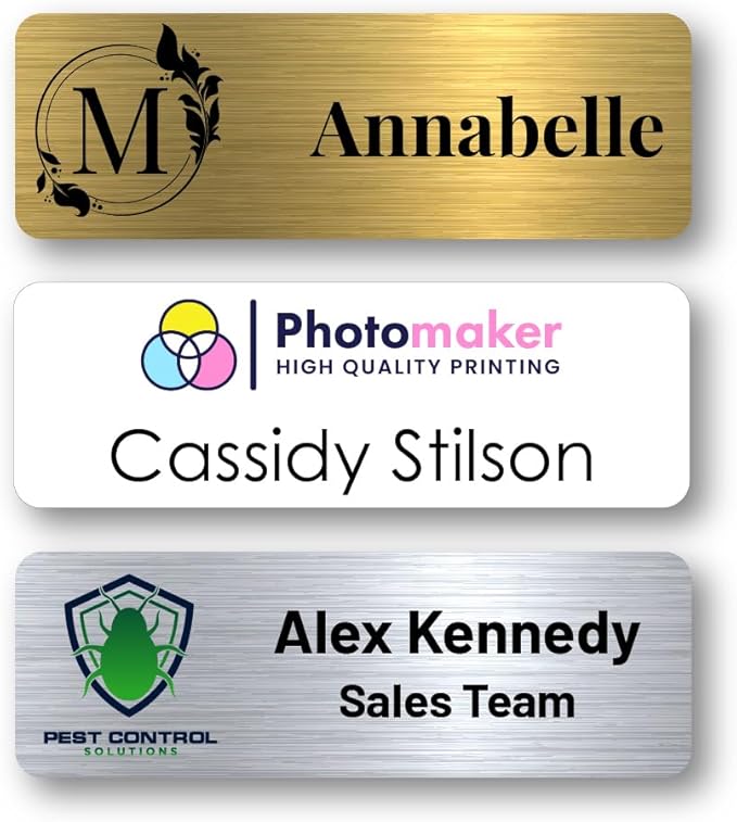 Custom Name Tags - Full Color Logo Name Tags - Scratch Resistant Metal Front & Hard Plastic Back (1.5 x 3 Inch, Silver)