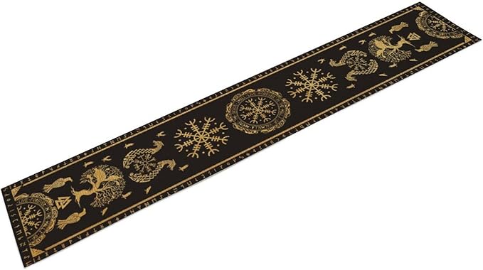 Viking Tree of Life Abstract Table Runner for Living Room Home Party Coffee Dining Party Wedding Golden Black Celtic Style Geometric Dragon Boat Rudder Ancient Script Table Runner 13x90 Inch