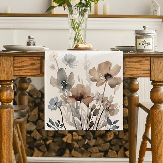 Artoid Mode Brown Poppy Floral Leaves Spring Table Runner, Seasonal Summer Kitchen Dining Table Decoration for Home Party Decor 13x108 Inch