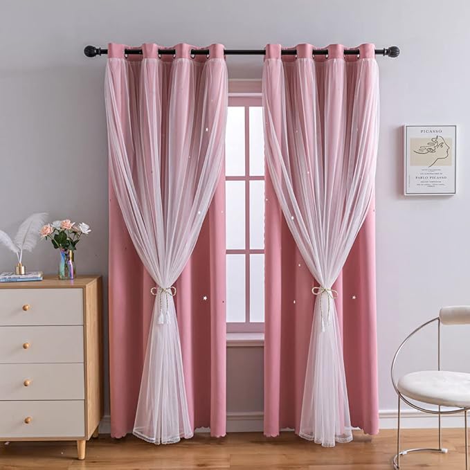 FANLI 2 Panels Star Blackout Curtains for Kid Girls Bedroom Living Room Darking Stripe Double Layer Star Cut Out Wall Home Decor Gradient Grommet Window Curtains (Pink 95L)