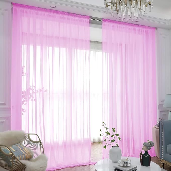 Window Pink Sheer Curtains 95 Inches Long 2 Panels Sheer Curtain Basic Rod Pocket Panel for Bedroom Children Living Room Yard Kitchen (Pink, 52" W x 95" L | 2 pcs)