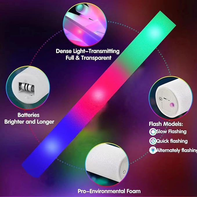 240 Pack LED Foam Sticks, Glow Stick Bulk Party Pack with 3 Modes Colorful Flashing, Glow in the Dark Party Supplies for Wedding, Raves, Concert, Camping