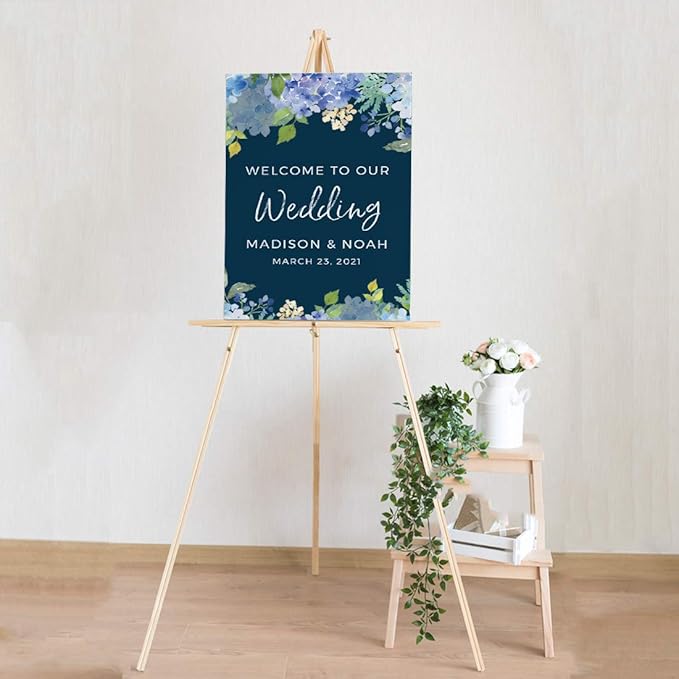 Andaz Press Personalized Extra Large Wedding Easel Board Party Sign, 12x18-inch, Baby Blue Hydrangea Floral Flowers on Navy Blue, Welcome to Our Wedding Bride Groom Name Date, 1-Pack, Custom