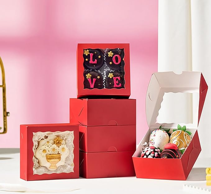 100-Pack 4x4x2 Classic Red Bakery Boxes - Treat/Cookie/Truffle Boxes for Mini Cakes, Pies & Cinnamon Rolls - Wedding Party Favor Packaging
