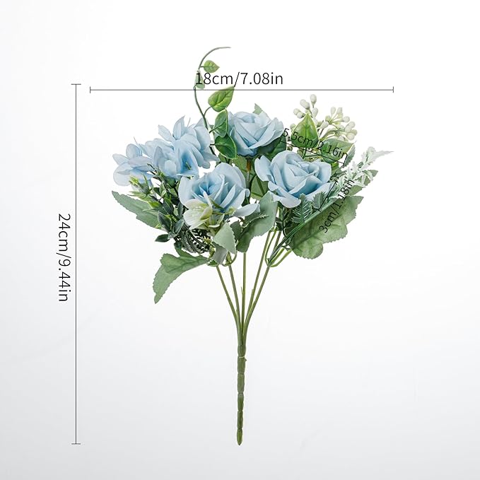 Artificial Flower 5 Branches Artificial Silk Fake Flowers Bouquet Small Roses for Wedding Home Office Tables Decor 2 Packs 4 Packs(Light Blue)
