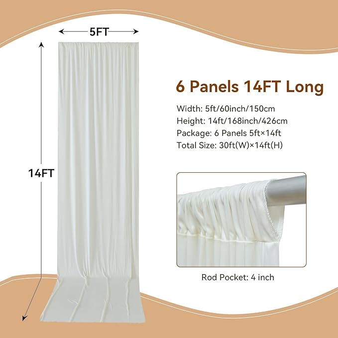 30×14ft Wrinkle Free Ivory Backdrop Curtain, Soft Silky Easy to Drape Cream Wedding Drapes for Backdrop, 6 Panels 5×14ft Photo Backdrop Curtains for Parties Birthday Photography Background Cloth