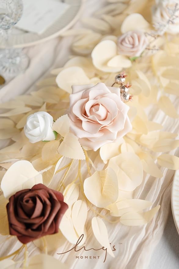 Ling's moment 5FT Artificial Flower Garland Fake Rose Eucalyptus Garland Arch Flowers Vine for Wedding Party Backdrop Home Table Centerpieces Decorations