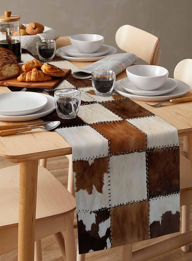 Abstract Cowhides Cotton Linen Table Runner for Dining Kitchen, Wedding Outdoor Party Tablerunners Decoration, Brown Beige Animal Fur Texture Dresser Scarf Coffee Tablecloth Runners 13x48 Inches