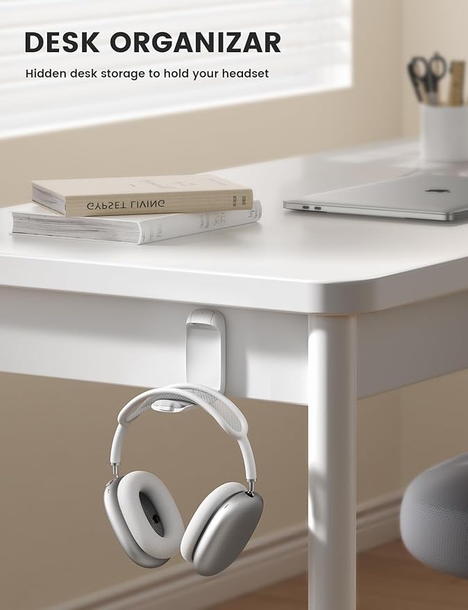 Lamicall Headphone Stand, Sticky Headset Holder - Foldable Headphone Holder Hook Mount, Adhesive Headset Hanger Clip Under Desk, Earphone Clamp for Airpods Max, HyperX, Sennheiser, White