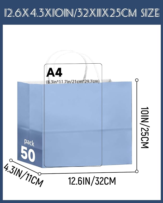 qiqee 50-Packs Light Blue Paper Gift Bags with Handles Bulk 12.6"x4.3"x10" Wide Large Size Party Favor Bags Multiple Uses