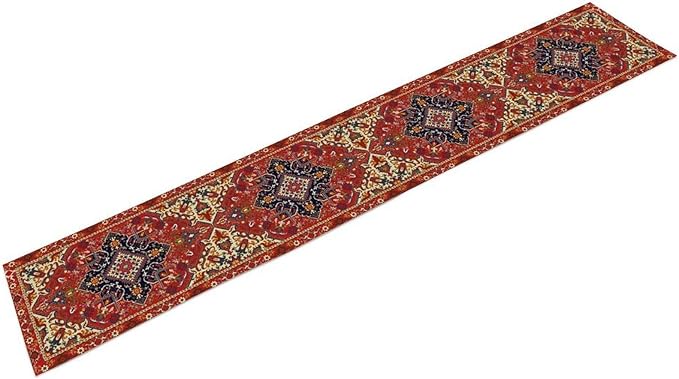 Boho Old French Table Runner, Vintage Red Beige Retro Flower Rustic Country Style Floral Print Pattern for Home Kitchen Table Decor Dining Coffee Room Garden Party Decor 13x108in