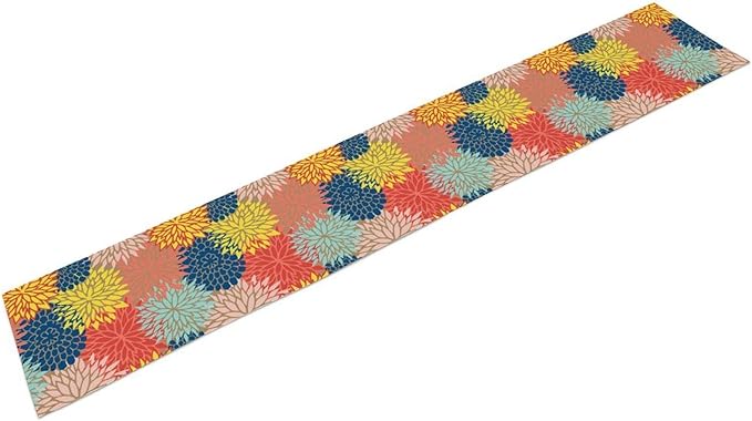 Dahlia Flowers Table Runner Colorful Floral Teal Grey Pink Yellow Blue Abstract Table Runner Kitchen Dining Party Decor Living Room, 13x90 Inch