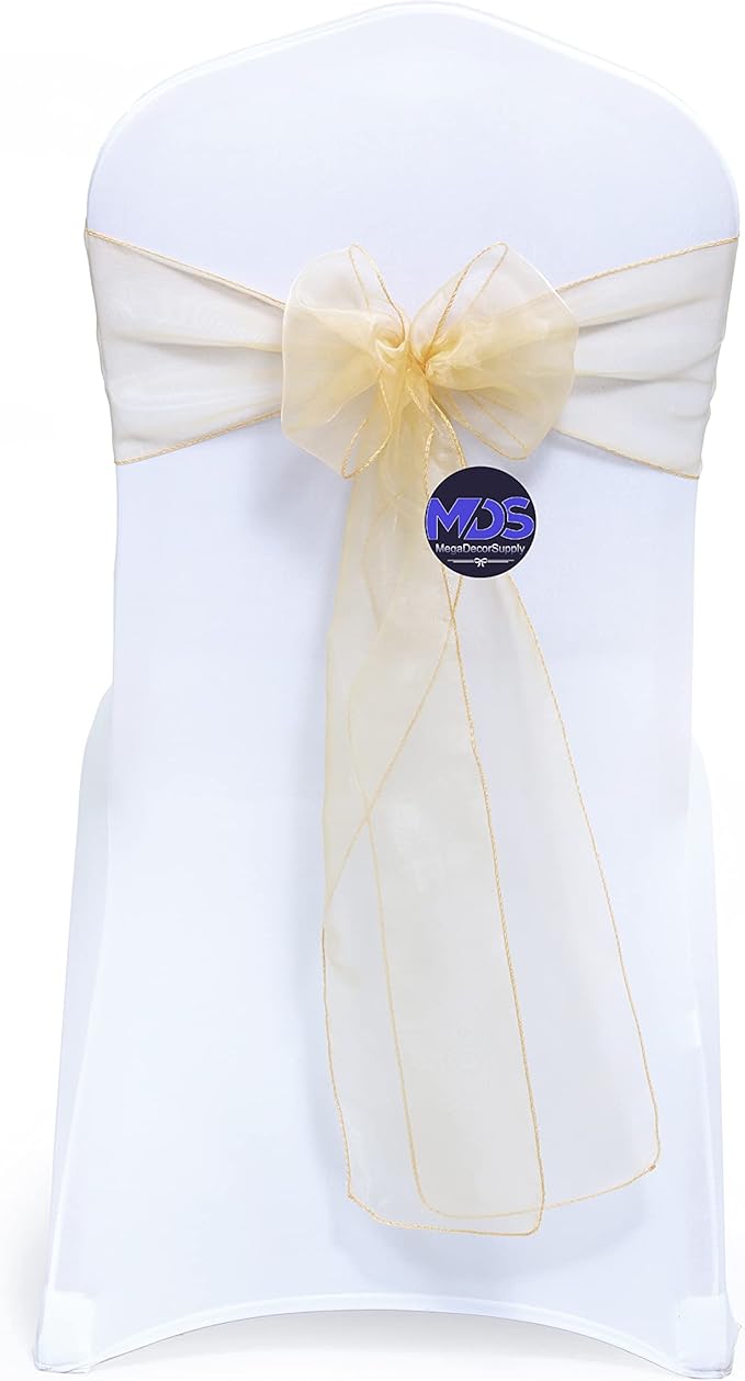 MDS Pack of 25 PCS Organza Chair Sashes Wider Dining Chair Bows Ribbon Tie Back for Wedding Party Birthday Bridal Shower Reception Event Banquet Home Chair Cover Decoration - Beige