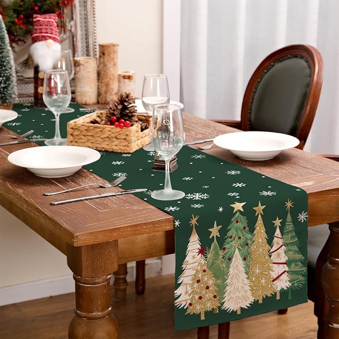 GEEORY Christmas Table Runner 13x36 Inch, Xmas Trees Snowflakes Holiday Decorative Farmhouse Table Decoration for Kitchen Dinning, Indoor Outdoor Dinner Party Decor (Green) GT152-36