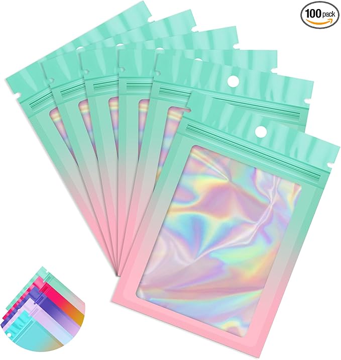 Funfery 100 Pack Gradient Holographic Bags,Mylar Resealable Bags with Zipper,Clear Window Packaging Pouchs,Smell Proof Foil Bag for Food Storage,Sample Jewelry Baggies(3×4.7In,Green Pink)