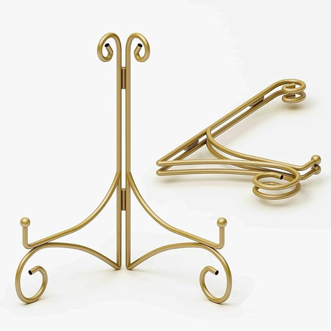 Plate Display Stands with Hinged Folding Design, 8 Inch Picture Frame Stand for Tables, Decorative Easels for Plates, Photos, Cards and Books, 8’’ Gold