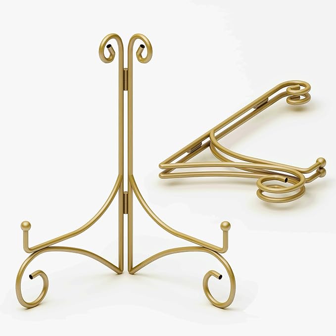 Iron Plate Stand for Display with Folding Design, Picture Stands for Tables, 12 Inch Large Easels for Displaying for Book, Art Piece, Photo and Platter, 12’’ Gold, 2-Pack