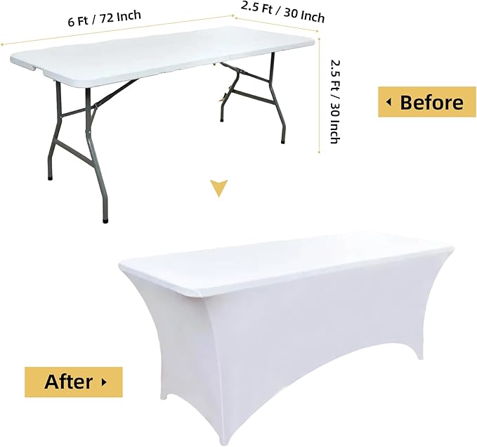 2-Pack 6ft White Spandex Table Covers for Rectangle Standard Folding Tables - Wrinkle Resistant Stretch Tablecloths - Ultimate Fitted Table Protector for Parties, Trade Shows, Banquet