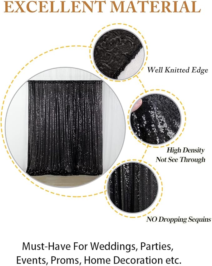 ShinyBeauty 2Pcs 5FTx10FT Black Sequin Backdrop Curtain | Glitter Wedding & Photography Background | Elegant Shimmer Curtains for Events & Parties