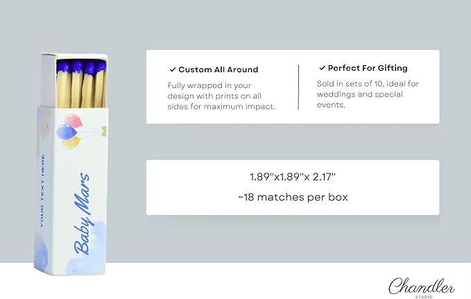Customizable Baby Shower Matchboxes – Set of 10 – Cute Baby Design – Colorful Matchsticks – Perfect for Baby Shower Favors (2" Matchsticks, Baby #3)