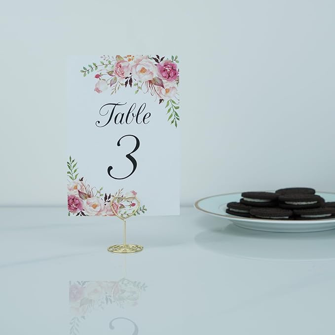20PCS Mini Table Number Holders, Heart Shaped Place Card Holder, Premium Photo Holders for Tables, Table Sign Holders Card Stands Menu Memo Clips for Wedding Valentine's Day Table Decor, Gold