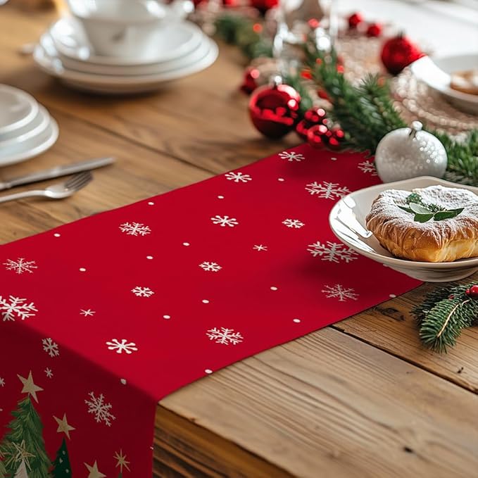 GEEORY Christmas Table Runner 13x90 Inch, Xmas Trees Snowflakes Holiday Decorative Farmhouse Table Decoration for Kitchen Dinning, Indoor Outdoor Dinner Party Decor (Red) GT150-90