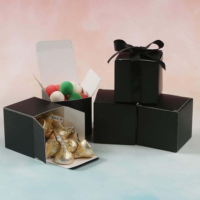 COTOPHER 100pcs Small Gift Boxes, Favor Boxes 2x2x2 inches Paper Gift Boxes with Ribbons Candy Box for Wedding Favors Baby Shower Bridal Shower Birthday Party (Black)